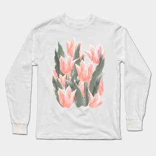 Stylish Peach Tulips Flowers Watercolor Illustration, coral pink color background. Holiday, Birthday, Anniversary Gifts Long Sleeve T-Shirt